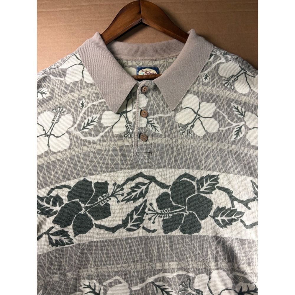 Vintage Tommy Bahama Polo Shirt XL Hawaiian Floral Gray Beige Cotton Made Macau